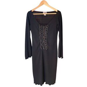 Vintage Luly K Sheer Black Midi Dress With Ruffle Front Bell Sleeves Sz L Witchy
